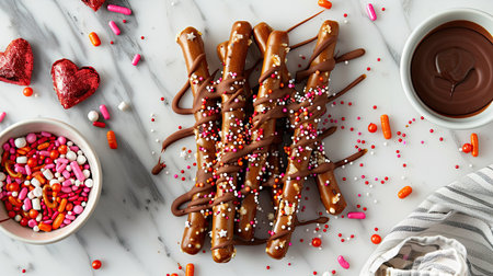 Drizzling melted chocolate over pretzel rods and adding sprinkles, flat lay view for Valentine's Dayの素材