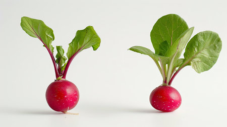 Small garden radishes, fresh and isolated on white, whole and halfの素材