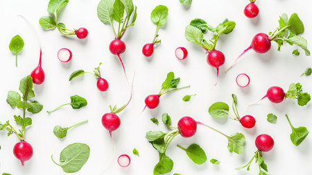 Fresh whole and half small garden radishes isolated on a white background, top viewの素材