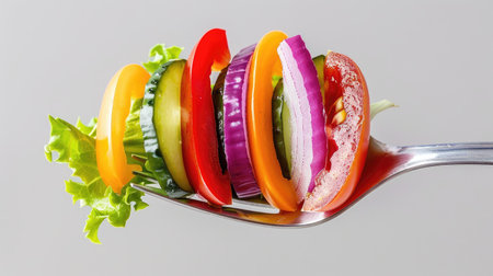 Fork topped with colorful veggies: red onion, radish, bell pepper, lettuce, and tomatoの素材