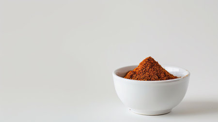 Stylish composition of Korean chili powder in a modern white bowl, isolated on a plain white backdrop for culinary themes.の素材