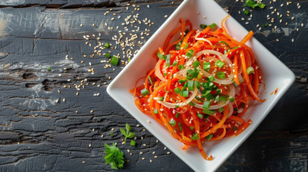 Fresh Musaengchae, Korean radish salad, in a white square dish, South Korea, top viewの素材
