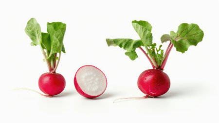 Whole and half small garden radishes, fresh and isolated on whiteの素材