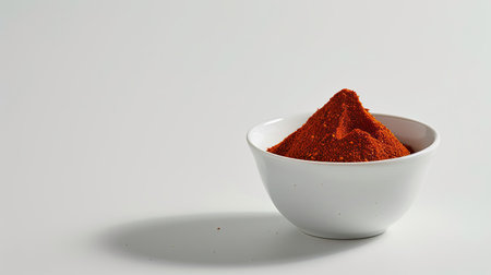 Stylish composition of Korean chili powder in a modern white bowl, isolated on a plain white backdrop for culinary themes.の素材