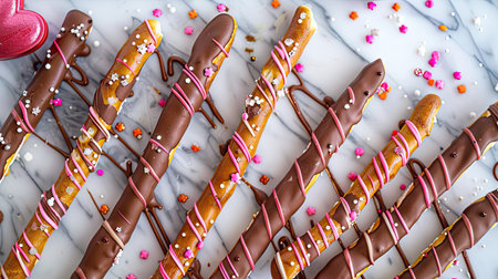 Valentine's pretzel rods being decorated with melted chocolate drizzle and sprinkles, flat layの素材