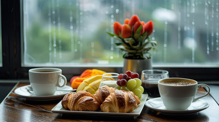 Warm brunch indoors with a view of gentle drizzle, featuring fresh pastries, fruit, and hot coffeeの素材