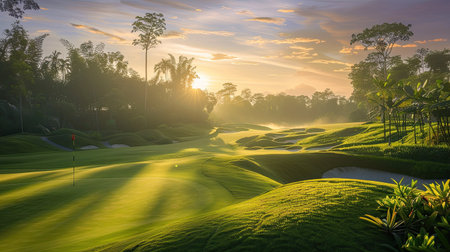 A tranquil golf course teeing ground at sunrise, with lush greenery and clear skiesの素材