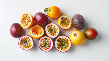 Assorted passion fruits, with some halved to show the colorful interiors, on a white backgroundの素材