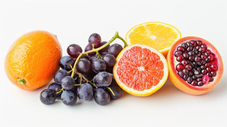 Fresh fruits including berries, citrus, and grapes, neatly arranged against an isolated backgroundの素材