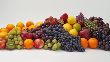 An array of fresh berries, citrus, and grapes, beautifully displayed against a white backgroundの素材