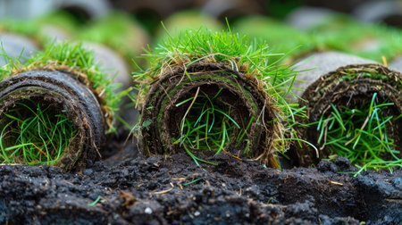 Close-up view of turf grass rolls in a stack, featuring healthy green grass and soilの素材
