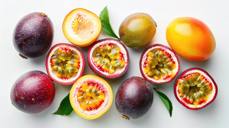Assorted passion fruits, with some halved to show the colorful interiors, on a white backgroundの素材