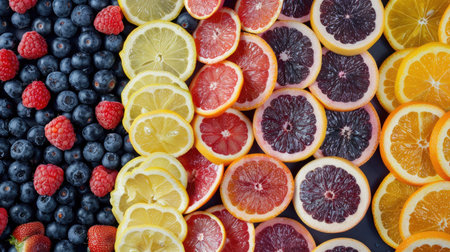 Colorful mix of fresh berries, citrus slices, and grapes, neatly arranged against an isolated backgroundの素材