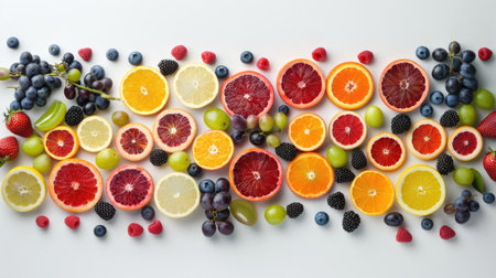Colorful mix of fresh berries, citrus slices, and grapes, neatly arranged against an isolated backgroundの素材