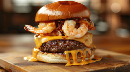 Delicious surf and turf burger with melted cheddar cheese, beef patty, shrimp, and rich cheddar sauceの素材
