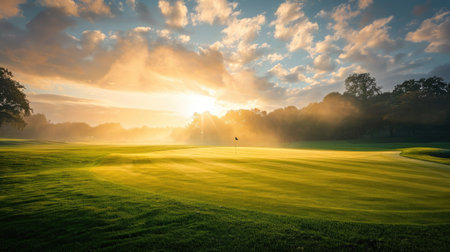 Golden sunlight bathing a golf course teeing ground at dawnの素材