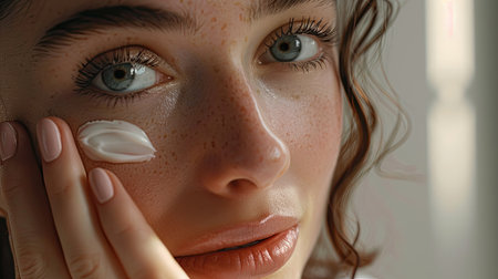 Beautiful young woman applying moisturizer cream to her face. Beauty and skincare treatment. Close-up view of girl using anti-aging productの素材