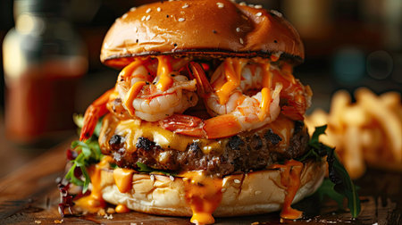 Gourmet burger with melted cheddar on beef patty, succulent shrimp, and cheddar sauce, surf and turf styleの素材