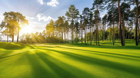 Golf course fairway with perfectly green grass and tall trees under a sunny skyの素材