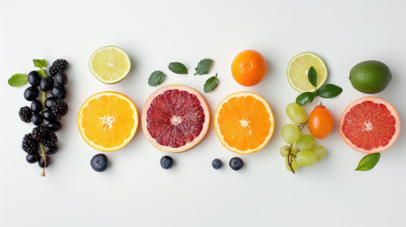 Fresh fruits including berries, citrus, and grapes, neatly arranged against an isolated backgroundの素材