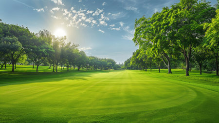Golf course fairway with lush green grass and tree-lined borders on a sunny dayの素材