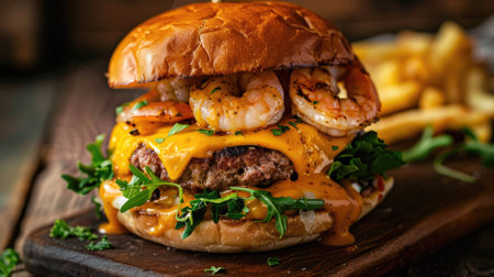 Mouthwatering surf and turf burger featuring beef patty, melted cheddar, shrimp, and cheddar sauceの素材