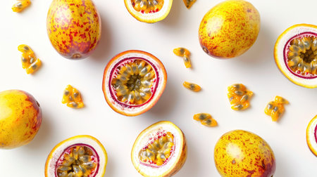 Top view of whole and sliced passion fruits, displaying vibrant pulp and seeds, against a white backgroundの素材
