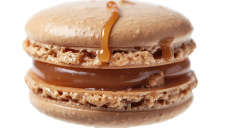 Macro shot of a delicious French caramel macaroon, isolated on a white background. Sweet and flavorful dessert close-up viewの素材