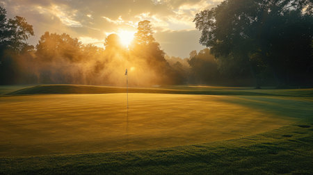 Teeing ground on a golf course at dawn, with the sun rising and casting a golden lightの素材