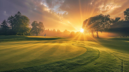 Teeing ground on a golf course at dawn, with the sun rising and casting a golden lightの素材