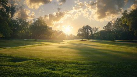 Morning glory on a golf course teeing ground, with the sun rising and lighting up the fairwayの素材