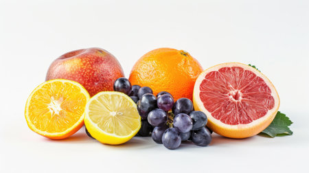 Neatly arranged fresh fruits including vibrant berries, citrus, and grapes, against an isolated white backgroundの素材