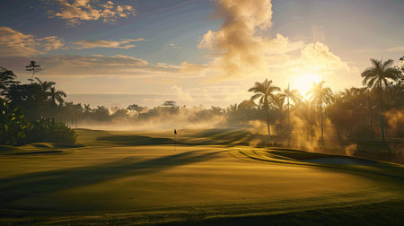 Sunrise view from a golf teeing ground, highlighting the beauty of the courseの素材