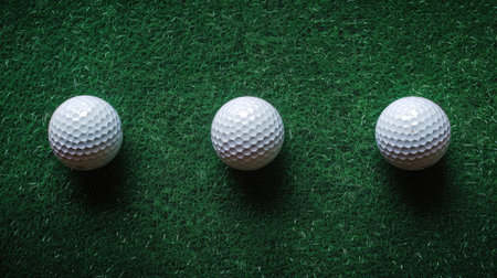 Three golf balls on green mat at driving range, top view, ready for practice swingsの素材
