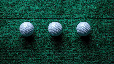 Three golf balls on green driving range mat, aligned for training, top viewの素材