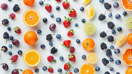 Vibrant assortment of fresh berries, citrus, and grapes, arranged in a neat pattern against a white backdropの素材