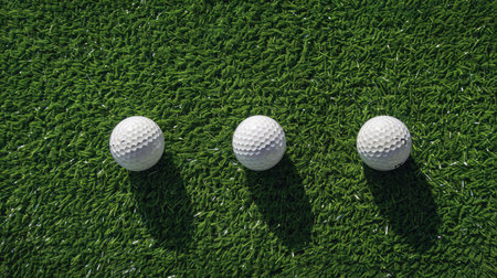Three golf balls in a row on a green driving range mat, perfect for practice, top viewの素材