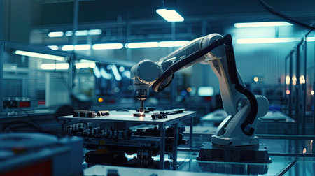 Advanced technology in electronics production, high precision robot arm in actionの素材