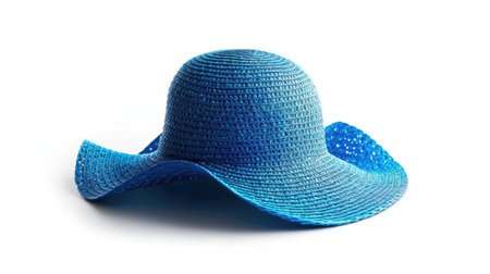 Beautifully designed blue vintage straw hat, isolated on white backgroundの素材