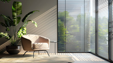 Comfortable armchair and houseplant beside large window with blinds, spacious room interiorの素材