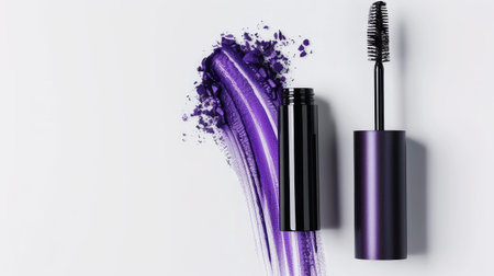 Chic open purple mascara, brush and tube, isolated on white background, makeup productの素材