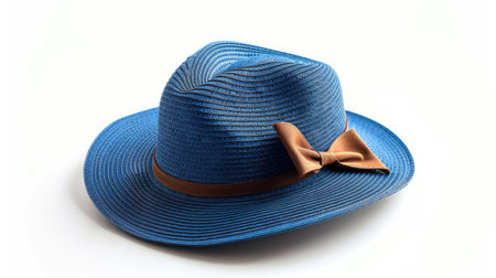 Blue vintage straw hat with stylish ribbon band, isolated on white backgroundの素材