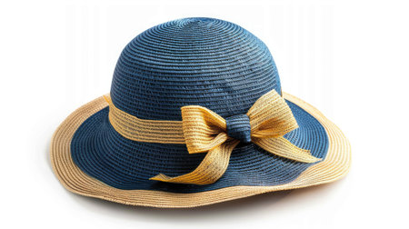Charming blue vintage straw hat with ribbon band, isolated on white backgroundの素材