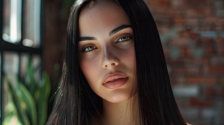 Beautiful brunette with straight long shiny hair, glamorous style, beauty and hair careの素材