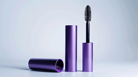 Chic open purple mascara, brush and tube, isolated on white background, cosmetic product displayの素材
