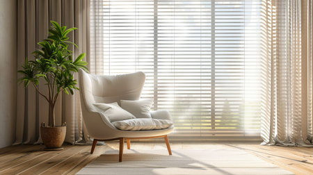 Cozy armchair and houseplant beside large window with blinds, spacious and airy roomの素材