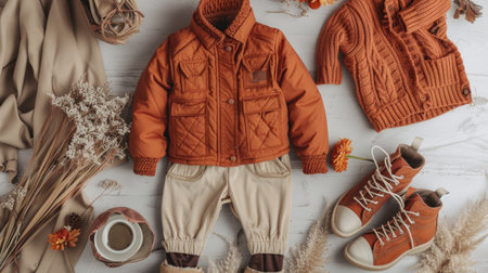 Cozy kids' autumn outfit, terracotta jacket, knitted sweater, trousers, boots, flat lay, top viewの素材