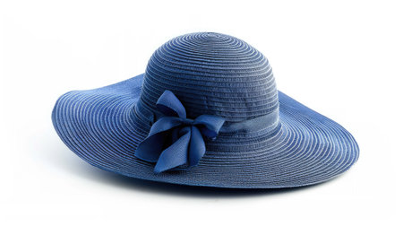 Classic blue vintage straw hat with elegant details, isolated on white backgroundの素材