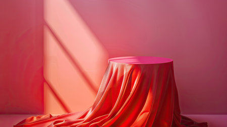 Elegant cylinder podium draped in red cloth on viva magenta background, product displayの素材