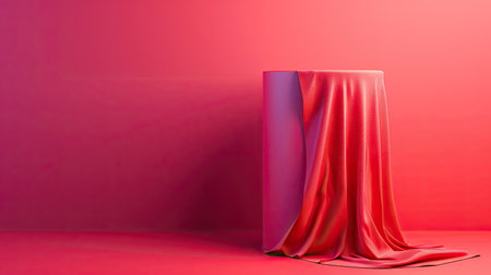 Elegant cylinder pedestal draped in red cloth, vibrant magenta background, product showcaseの素材